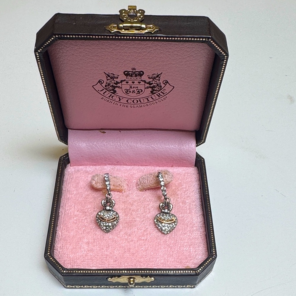 Juicy Couture Silver Crystal puffed Heart and Crown vintage Drop Earrings + box